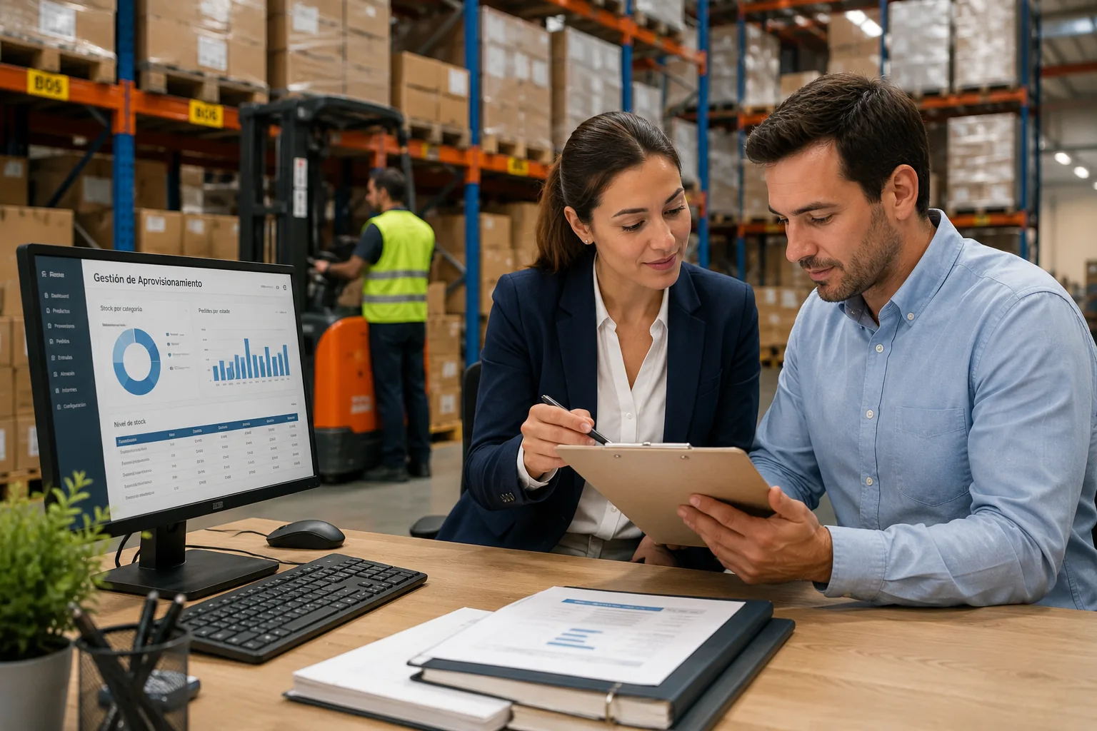 Profesionales de logística planificando el aprovisionamiento y controlando inventarios