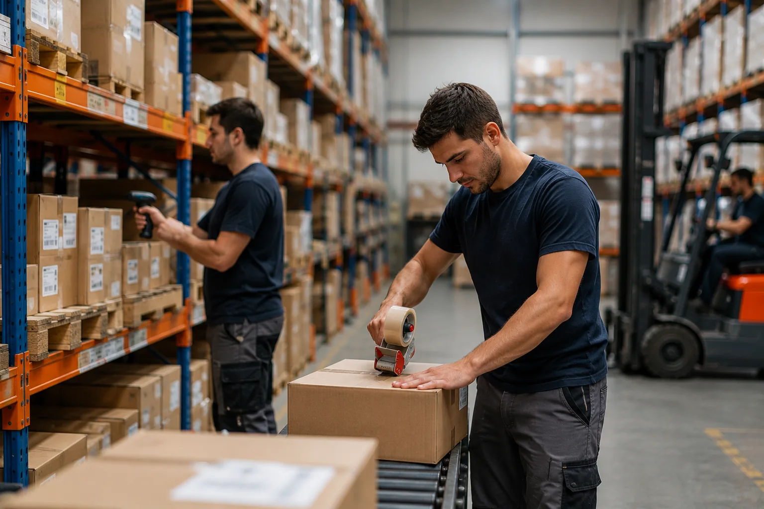 Profesionales organizando las operaciones y el inventario de un almacén logístico