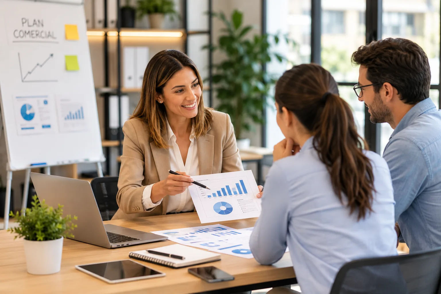 Equipo comercial analizando una estrategia de ventas y resultados
