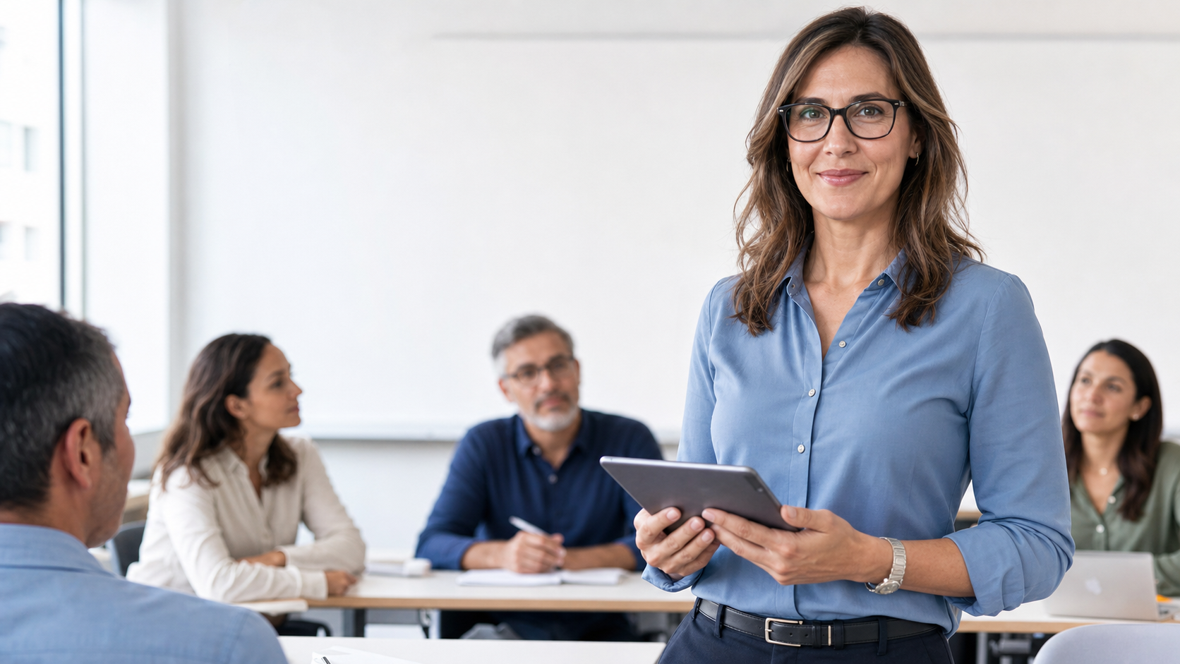 Profesora con gafas impartiendo Formación Profesional a personas adultas