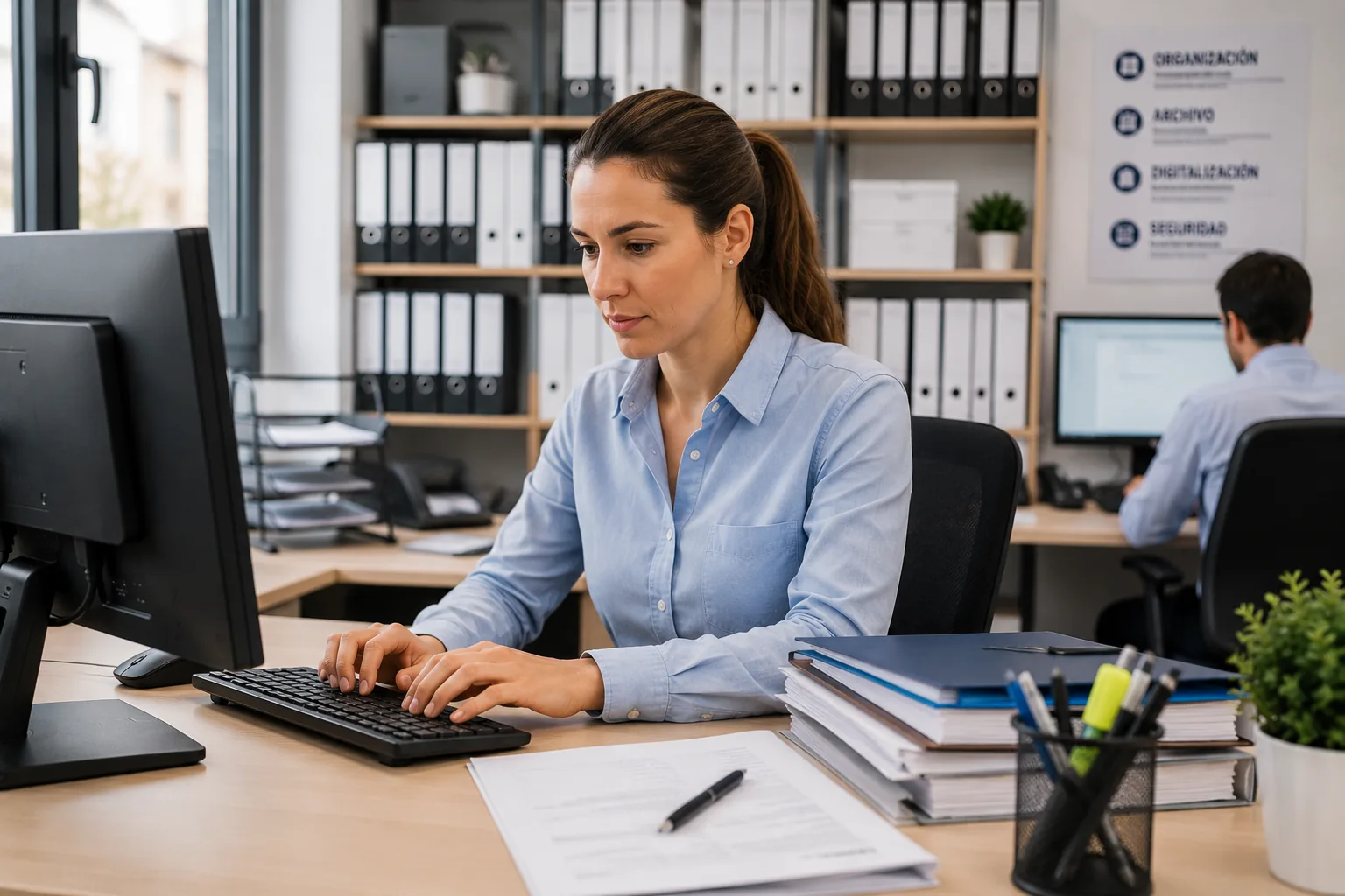Persona trabajando con datos y documentos en un puesto administrativo