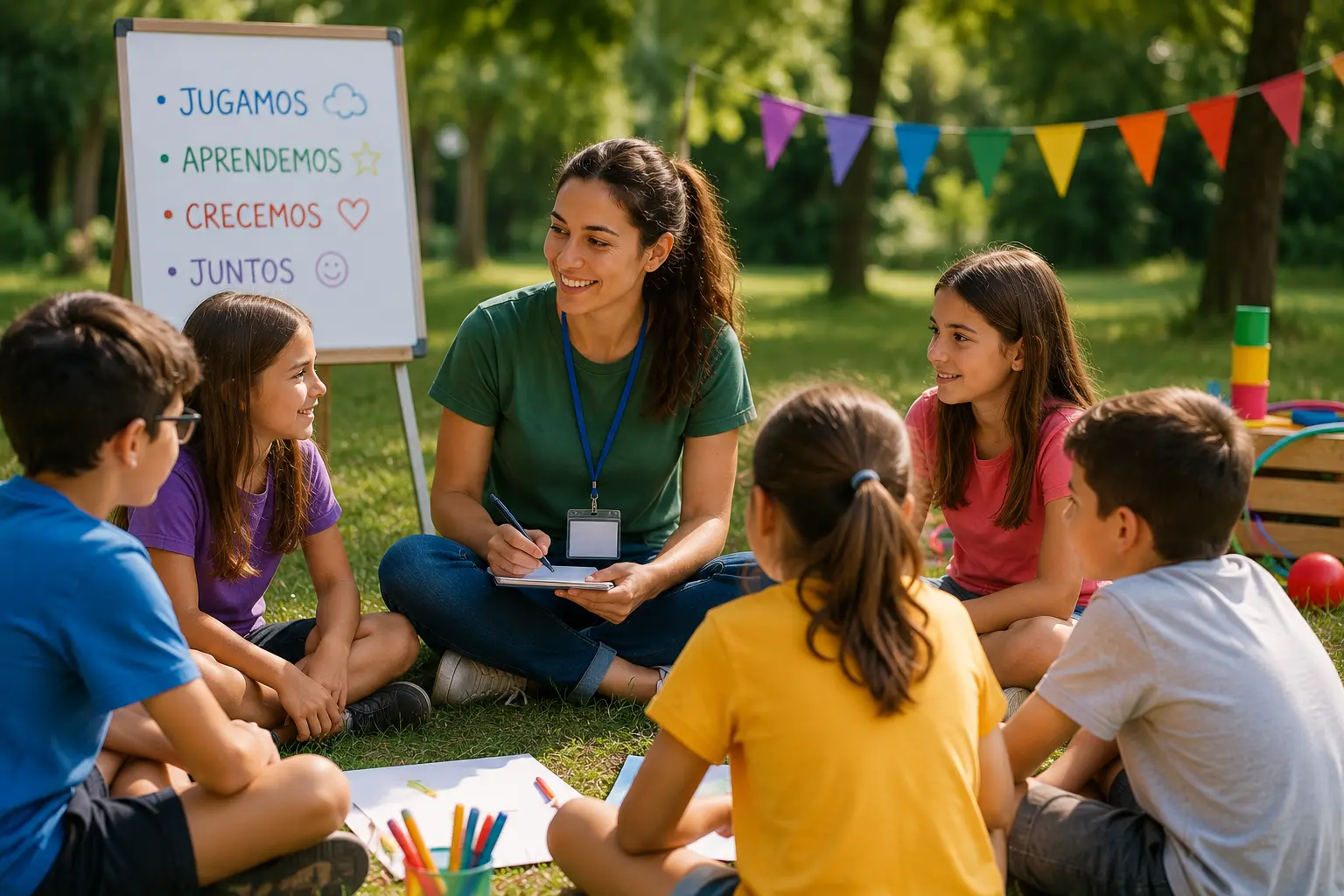 Monitor dinamizando una actividad educativa de tiempo libre con ni&ntilde;os y j&oacute;venes