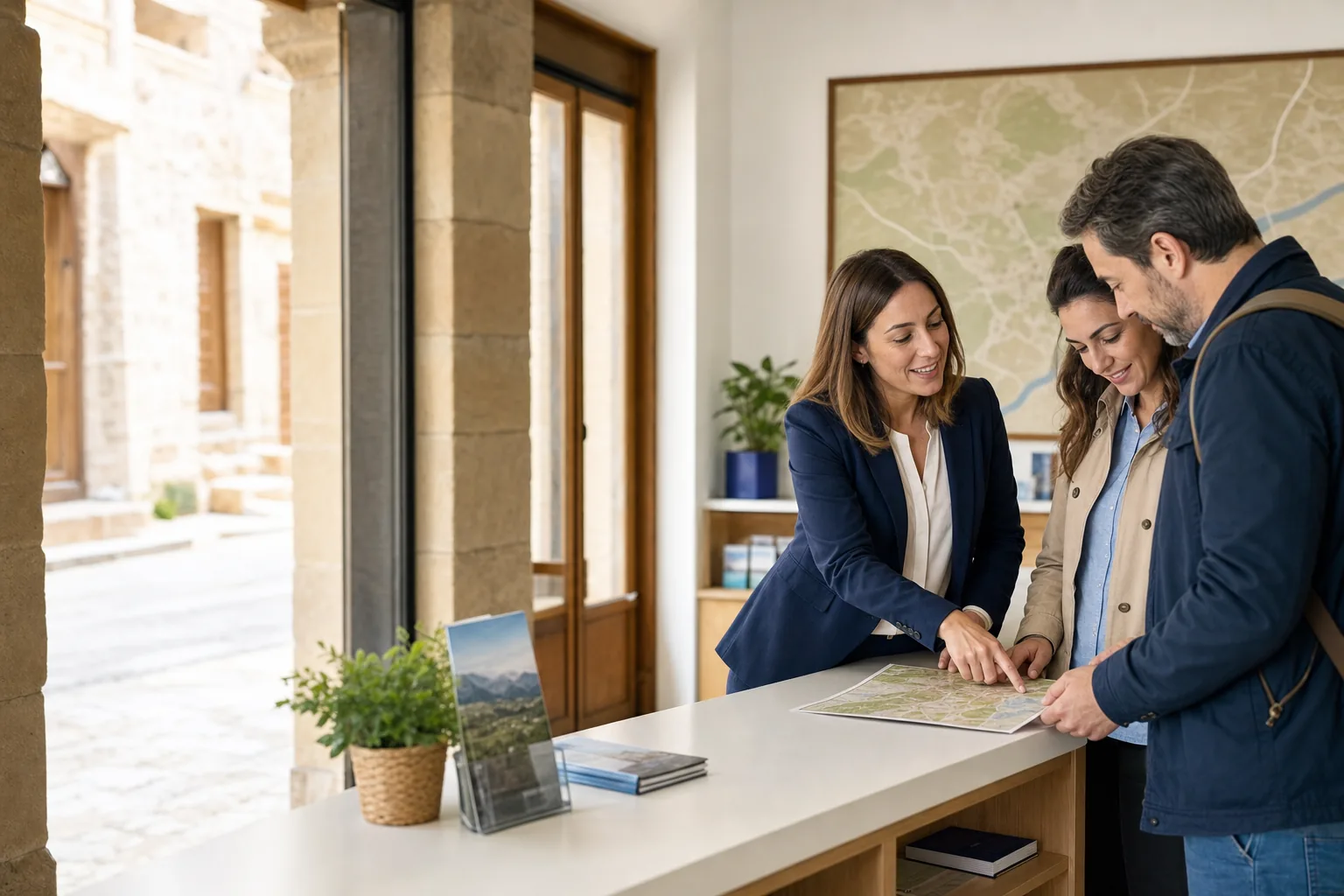 Profesional de promoción turística atendiendo y orientando a visitantes